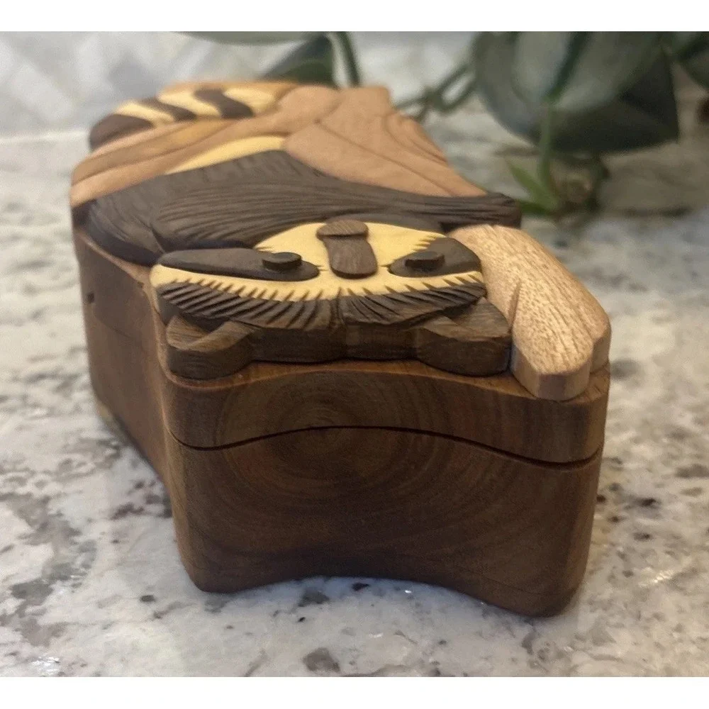 Hand crafted‎ 3D Intarsia Wood Art RACCOON Puzzle Wooden Box Wild Animal